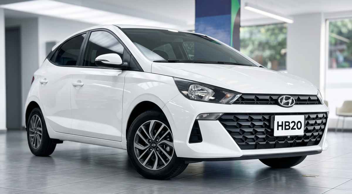 Vista frontal y lateral del nuevo Hyundai HB20 color blanco exhibido en el concesionario Madiautos durante el evento Expo Hyundai en Colombia.