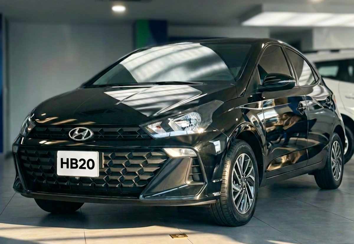 Vista de tres cuartos frontal del nuevo Hyundai HB20 hatchback color negro, exhibido en el interior del concesionario Madiautos durante la feria comercial Expo Hyundai.