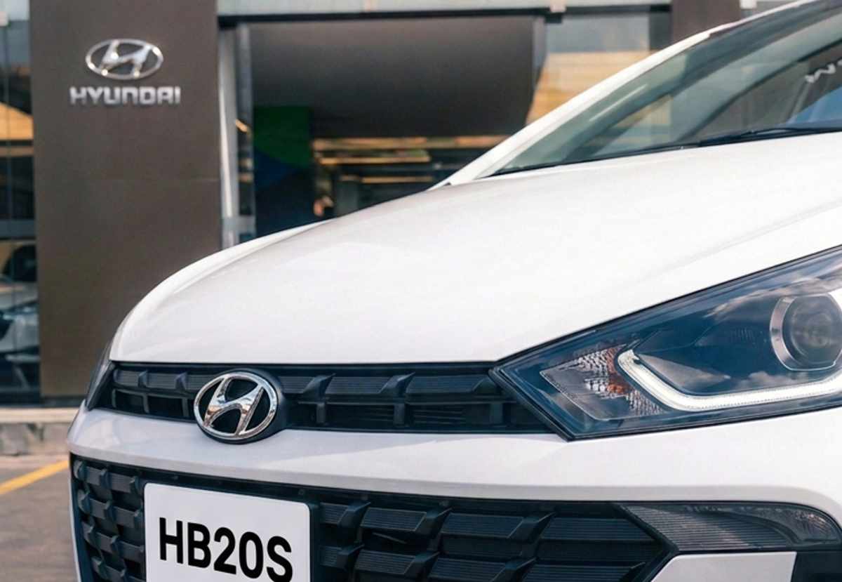 Primer plano del frontal del nuevo Hyundai HB20S sedán color blanco, resaltando el diseño de su parrilla, faros principales y el logo de la marca frente a la fachada de Madiautos.