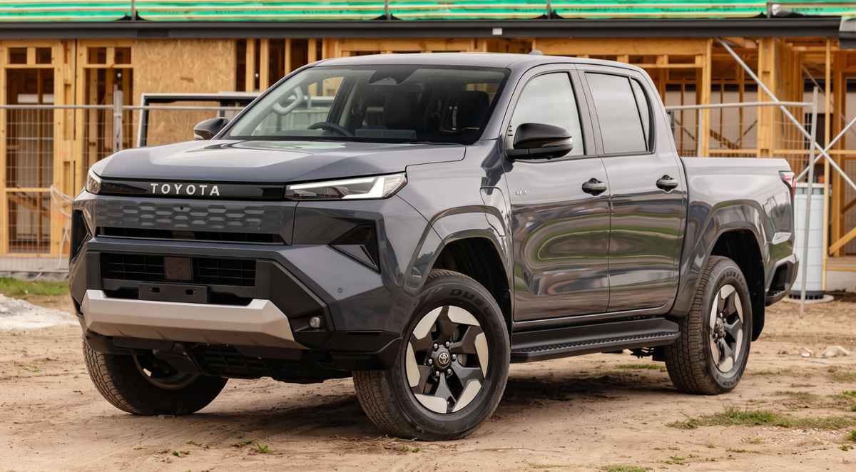 Vista frontal de tres cuartos de una Toyota Hilux color gris oscuro estacionada frente a una obra de construcción en madera, ilustrando su enfoque como pick-up para el trabajo duro.