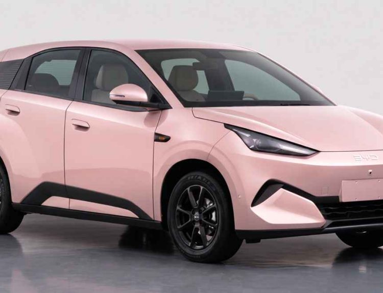 Vista frontal de tres cuartos de la nueva generación del BYD Seagull en color rosado, mostrando su diseño afilado y faros poligonales en una foto de registro oficial.