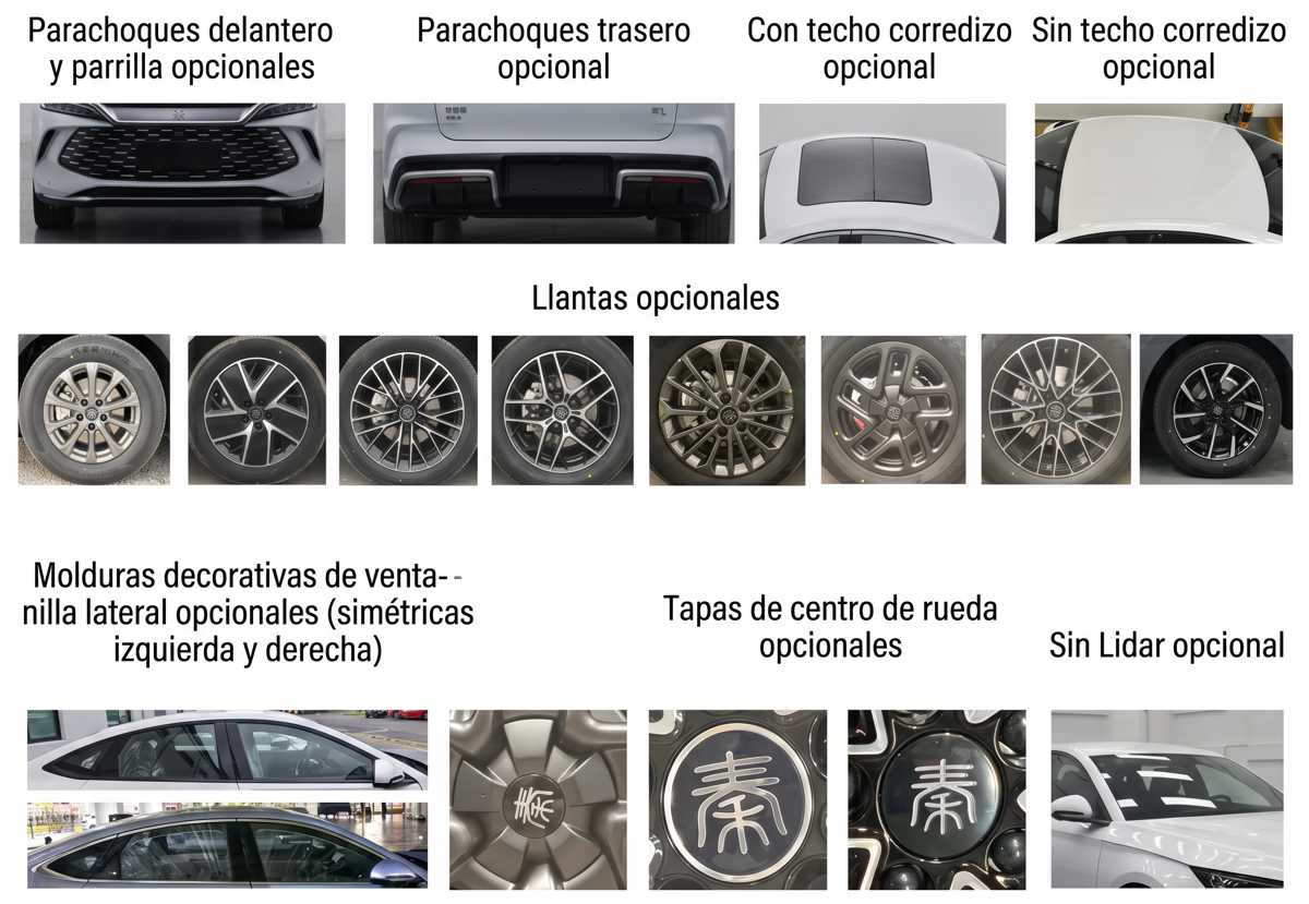 Folleto oficial de homologación del Ministerio de Industria chino mostrando las opciones de equipamiento del BYD Qin Plus, incluyendo diseños de rines, techo corredizo y opciones con o sin LiDAR.