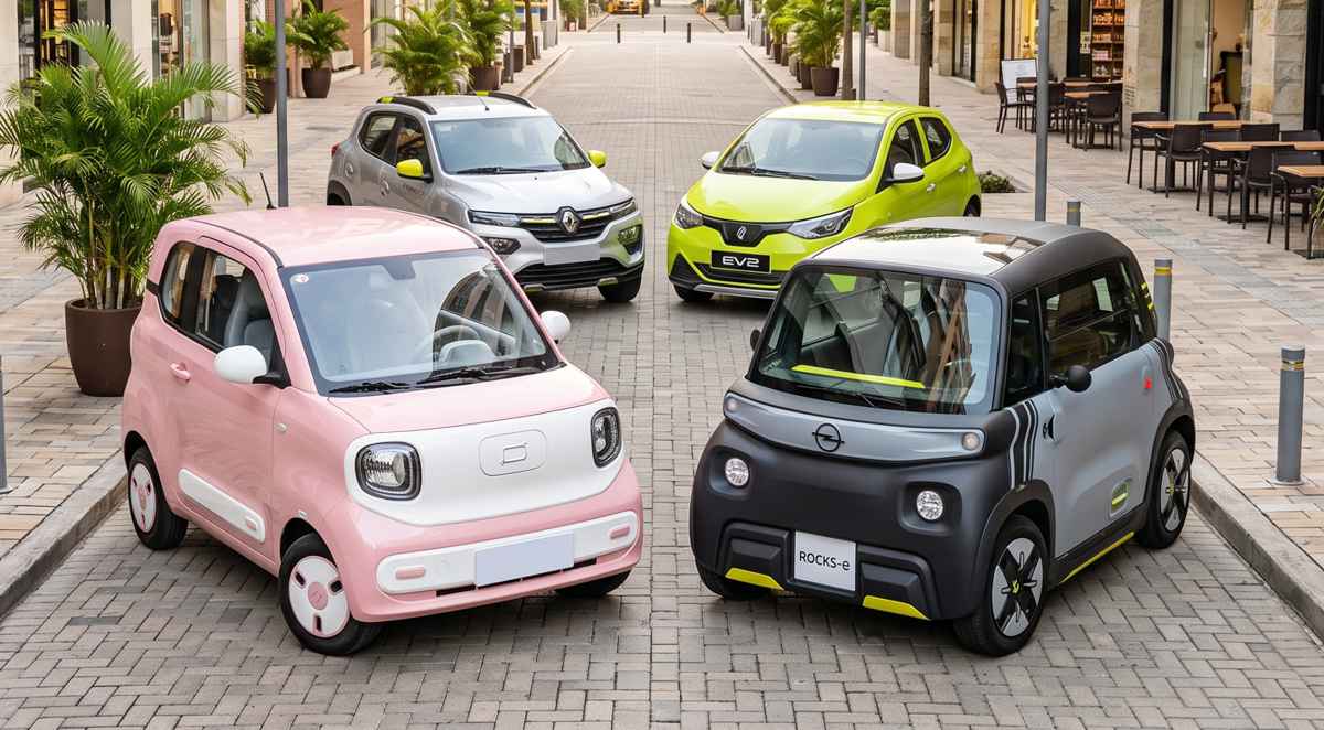 Cuatro de los carros más baratos y compactos de Colombia en 2026, incluyendo modelos eléctricos urbanos y de combustión en distintos colores, estacionados en una calle peatonal: FAW Bestune Xiaoma, Opel Rocks-e, JMEV 2 y Renault Kwid.