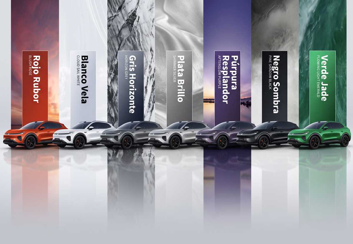Catálogo de colores exteriores de la SUV Changan Nevo Q06, exhibiendo en fila las siete opciones de pintura disponibles: Rojo Rubor, Blanco Vela, Gris Horizonte, Plata Brillo, Púrpura Resplandor, Negro Sombra y Verde Jade.