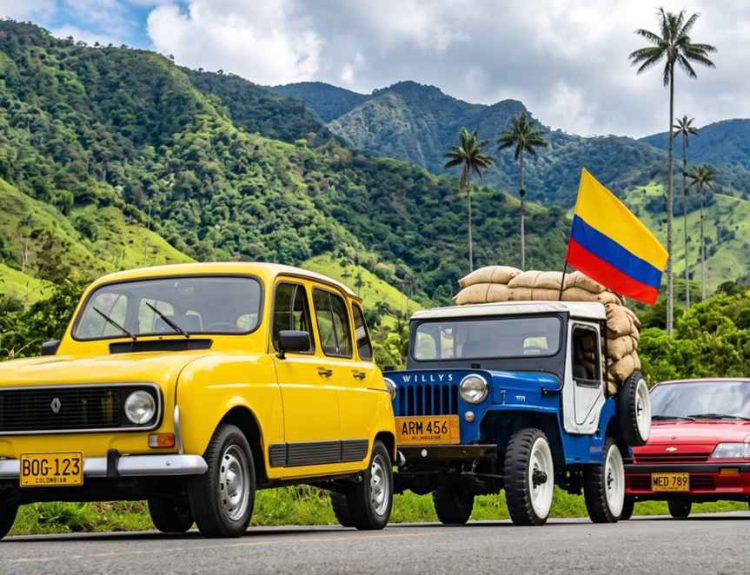Un Renault 4 amarillo, un clásico Jeep Willys configurado como Yipao con la bandera tricolor y un Chevrolet Sprint rojo rodando juntos por el majestuoso paisaje del Valle del Cocora.