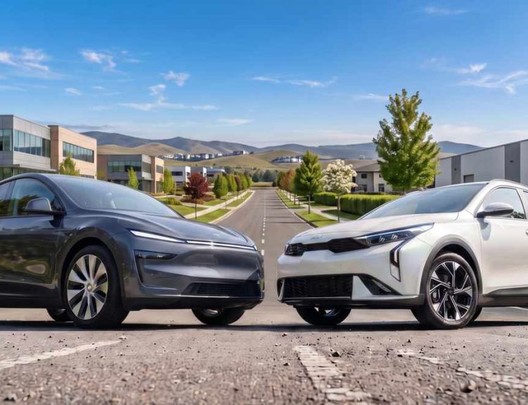 Un Tesla Model Y gris oscuro y un Kia K3 Cross blanco estacionados frente a frente en una avenida, representando a los grandes líderes en ventas del semestre en Colombia.