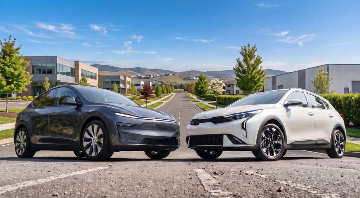 Un Tesla Model Y gris oscuro y un Kia K3 Cross blanco estacionados frente a frente en una avenida, representando a los grandes líderes en ventas del semestre en Colombia.