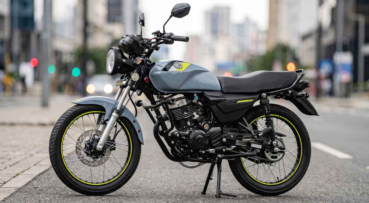 Motocicleta AKT AK125 NKD de color gris con detalles amarillos estacionada en una calle urbana, destacándose como la moto más vendida de Colombia en el primer semestre del 2026.