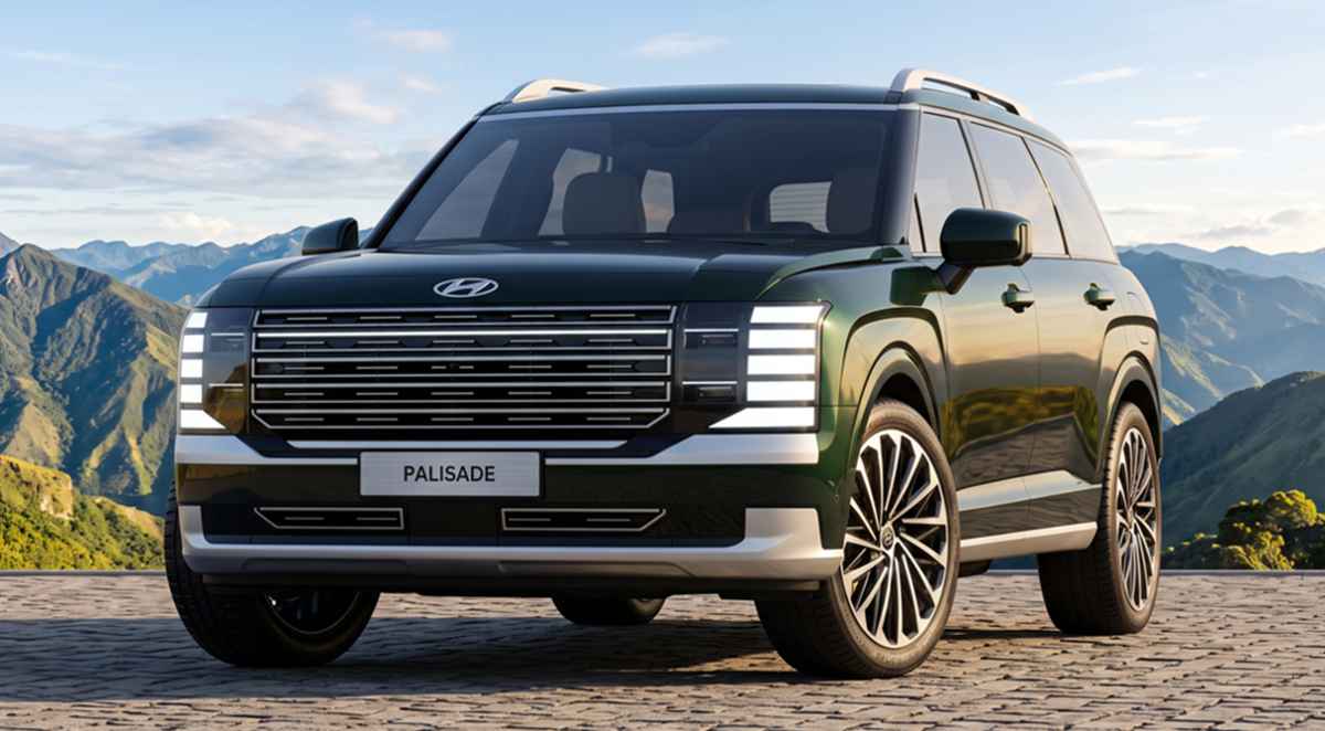 Camioneta SUV Hyundai Palisade Híbrida color verde oscuro en un paisaje montañoso, destacando su imponente parrilla rectangular y moderno diseño exterior en su llegada a Colombia.