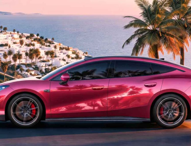Perfil dinámico del sedán deportivo eléctrico BYD Fang Cheng Bao Formula S en un llamativo color magenta, circulando a alta velocidad por una pintoresca carretera costera.