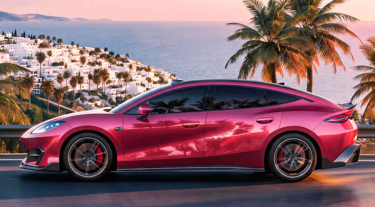 Perfil dinámico del sedán deportivo eléctrico BYD Fang Cheng Bao Formula S en un llamativo color magenta, circulando a alta velocidad por una pintoresca carretera costera.