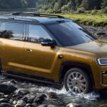 Vista frontal de tres cuartos de la imponente SUV BYD Fang Cheng Bao Ti9 color dorado cruzando un río, destacando su diseño todoterreno y luces frontales.
