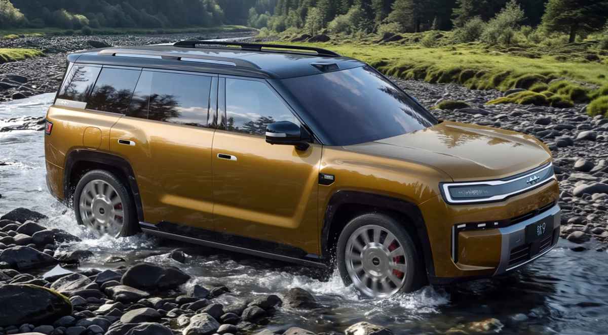 Vista frontal de tres cuartos de la imponente SUV BYD Fang Cheng Bao Ti9 color dorado cruzando un río, destacando su diseño todoterreno y luces frontales.