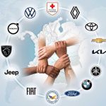 Composición gráfica de solidaridad por el sismo en Colombia, mostrando manos entrelazadas sobre el mapa del país, rodeadas por logotipos de la Cruz Roja, Banco de Alimentos y marcas de vehículos como Renault, Toyota, Chevrolet, Kia, Yamaha y Volkswagen.