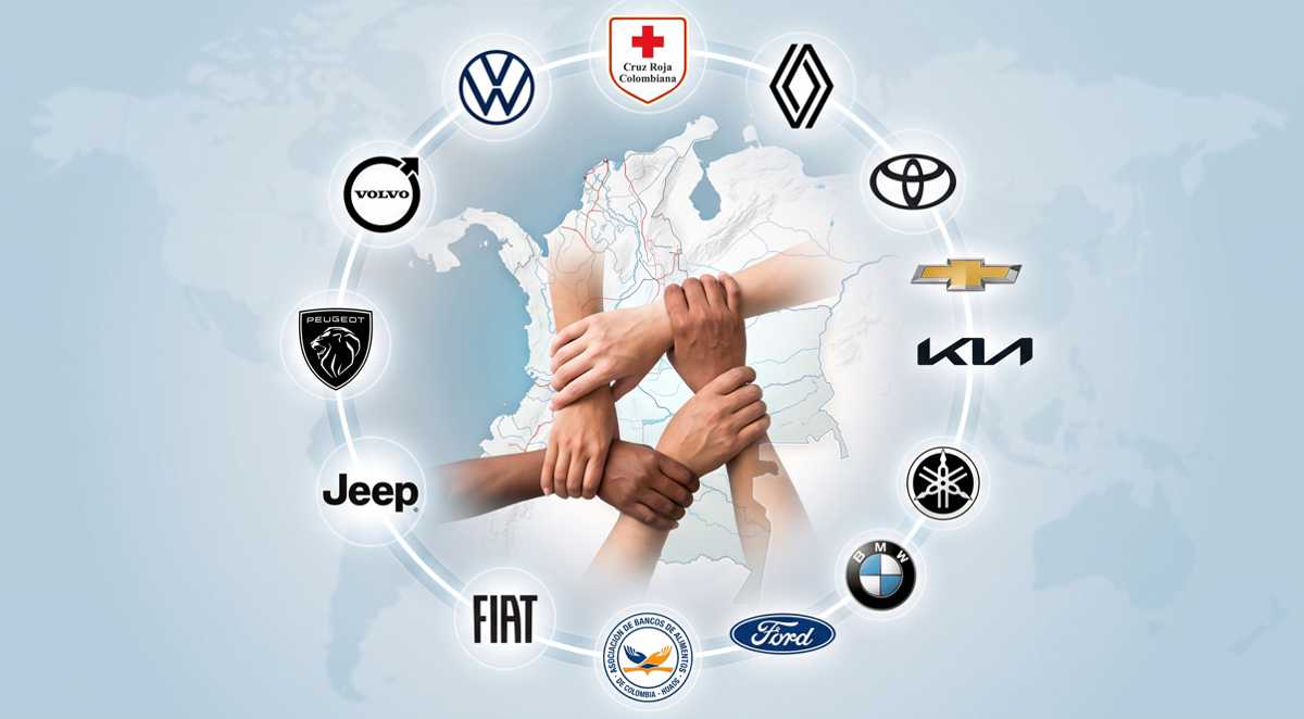 Composición gráfica de solidaridad por el sismo en Colombia, mostrando manos entrelazadas sobre el mapa del país, rodeadas por logotipos de la Cruz Roja, Banco de Alimentos y marcas de vehículos como Renault, Toyota, Chevrolet, Kia, Yamaha y Volkswagen.
