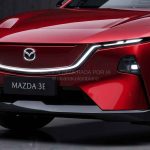 Detalle frontal de una proyección digital del posible Mazda 3e en color rojo, mostrando una inédita firma lumínica LED que bordea la parrilla y el clásico emblema de la marca.
