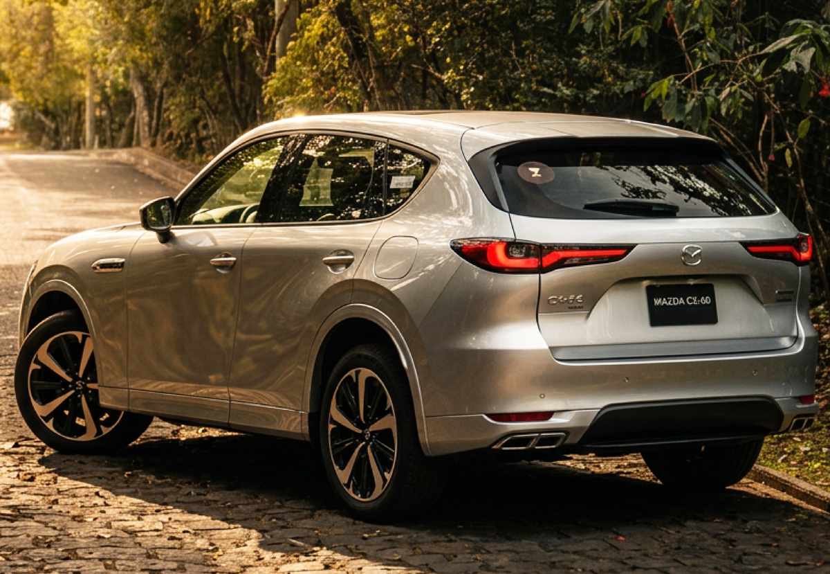 Vista posterior de tres cuartos de la SUV Mazda CX-60 Híbrida Enchufable, exhibiendo su distintiva firma lumínica trasera y escapes dobles en un entorno natural.