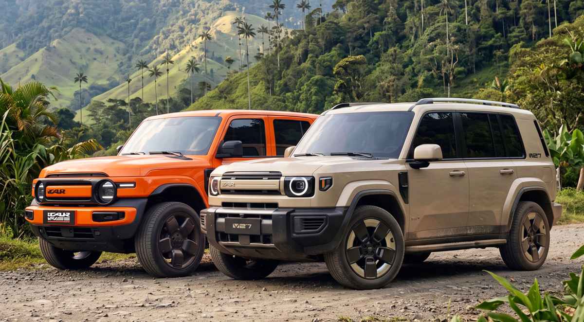 Plano general de las nuevas SUV iCAUR V23 color naranja e iCAUR V27 color arena estacionadas juntas sobre un camino de tierra, con palmas de cera y montañas verdes al fondo.