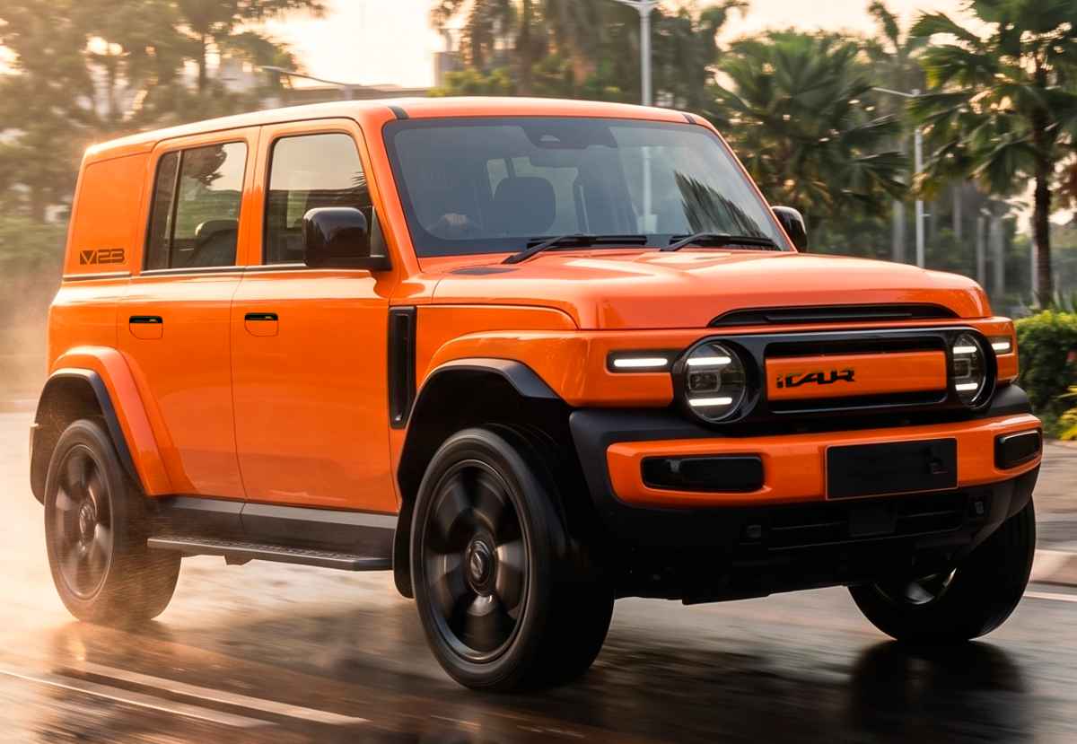 Plano frontal de tres cuartos de la SUV eléctrica iCAUR V23 color naranja circulando sobre una vía pavimentada húmeda, destacando sus faros redondos clásicos y silueta cuadrada.
