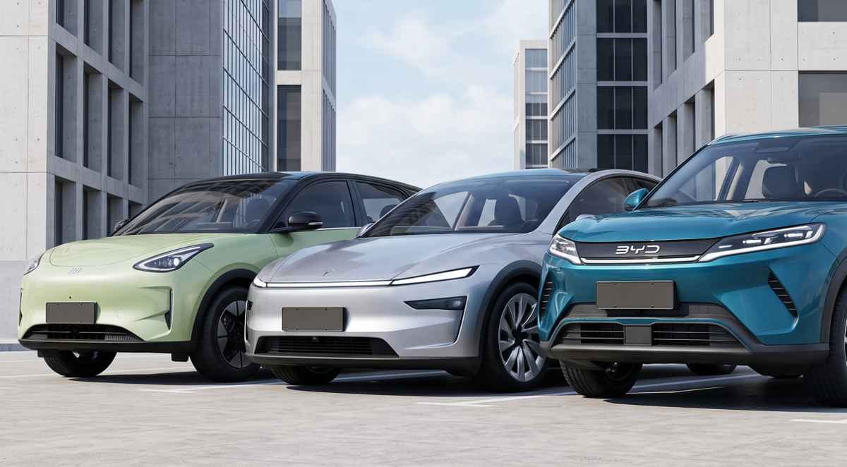carros más vendidos en China 2026, carros eléctricos en Colombia, Geely EX2 blanco, Tesla Model Y plata, BYD Yuan Up azul, BYD Ti7 verde, precio carros eléctricos Colombia