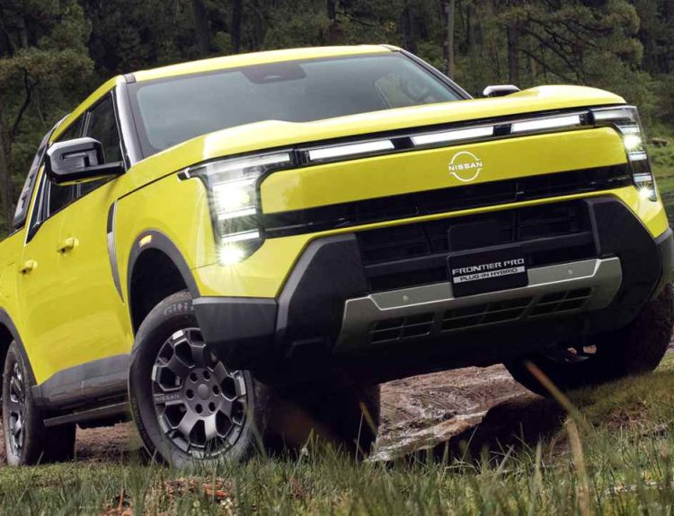 Plano frontal de tres cuartos de la pick-up Nissan Frontier Pro amarilla superando un terreno irregular con lodo, destacando su nuevo frontal cuadrado y las luces diurnas divididas.