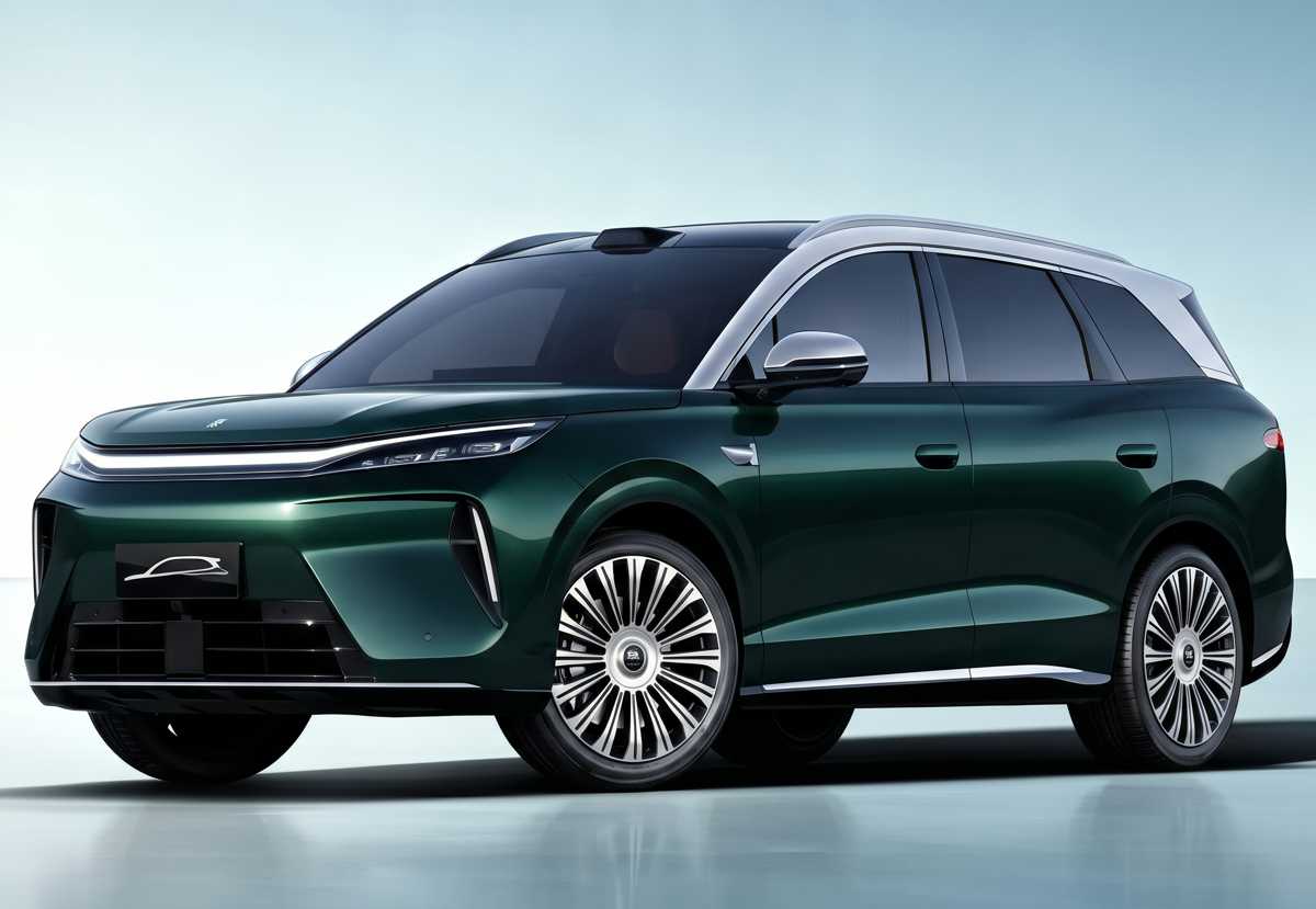 Plano frontal de tres cuartos de la BYD Tang verde oscuro bajo iluminación de estudio, exhibiendo su diseño aerodinámico, techo de apariencia flotante y manijas ocultas en las puertas.