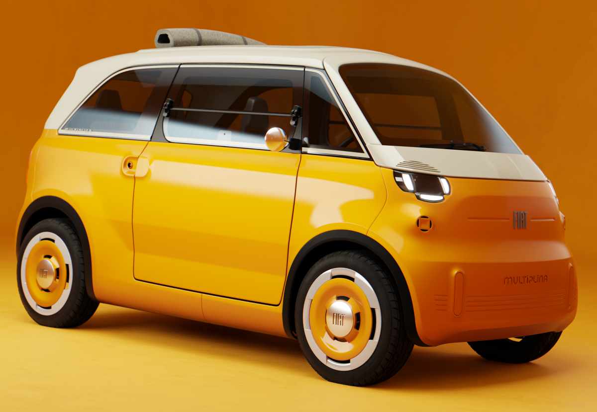 Plano frontal de tres cuartos derecho del Fiat Multiplina Concept amarillo y blanco en estudio, mostrando sus amplias ventanas laterales divididas, espejo retrovisor redondo cromado y rines retro bitono.