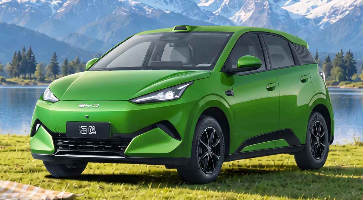 Plano frontal de tres cuartos del nuevo carro eléctrico BYD Seagull color verde estacionado sobre el césped frente a un lago y montañas nevadas, destacando su carrocería más larga, sensor LiDAR en el techo y rines negros de 16 pulgadas.