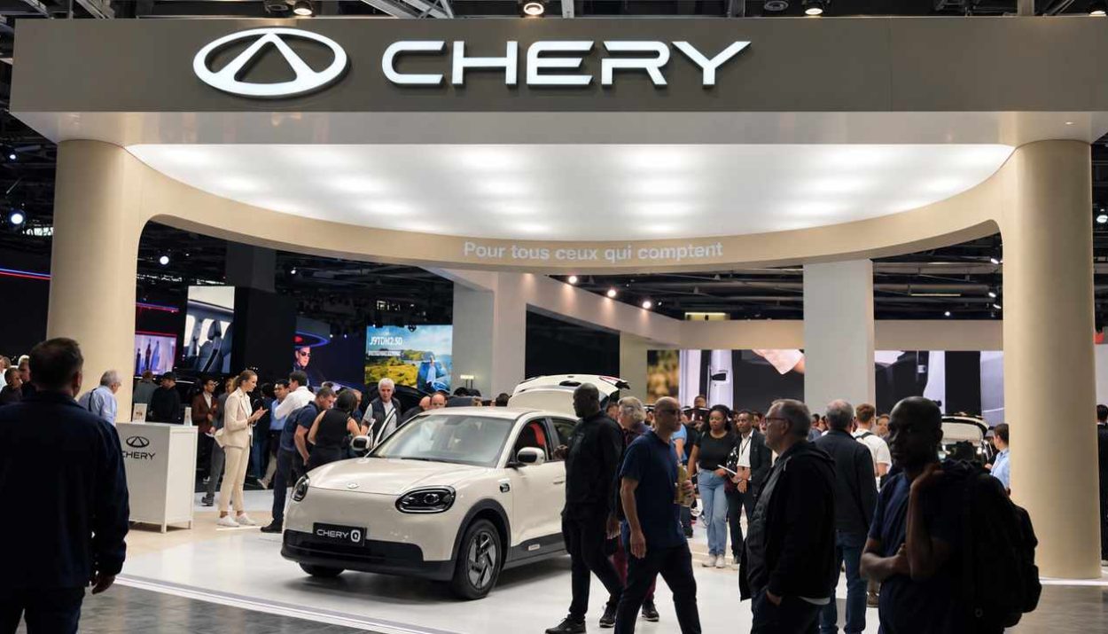 Plano general contrapicado del stand de Chery en el Salón del Automóvil de París 2026, mostrando el aviso iluminado de la marca, visitantes recorriendo el pabellón y el auto eléctrico Chery Q color beige en exhibición.