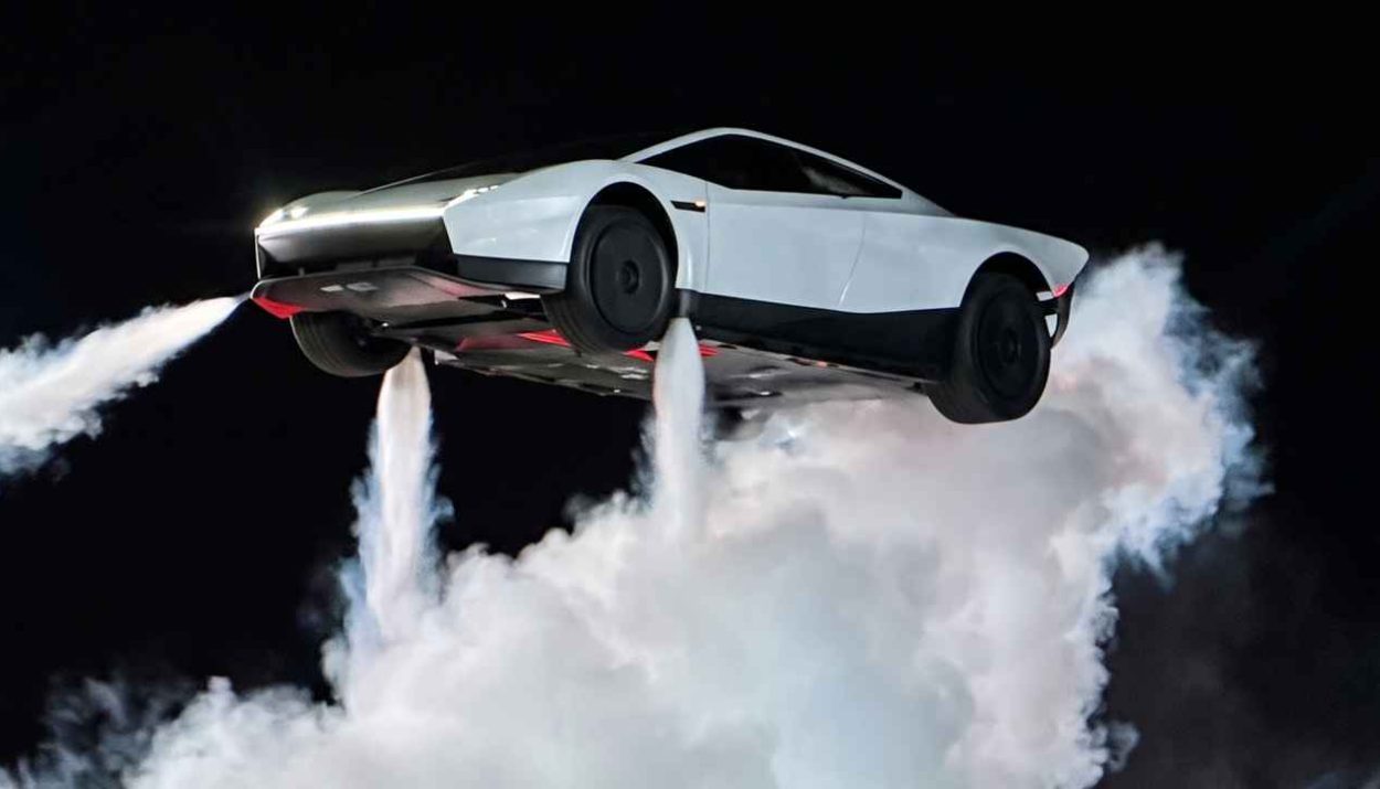 Plano de tres cuartos lateral del nuevo deportivo eléctrico Tesla Roadster blanco levitando a gran altura durante una demostración nocturna, impulsado por tres potentes y densos chorros de gas de sus cohetes de SpaceX que generan una enorme nube de humo blanco en el suelo, con el horizonte oscuro de fondo.
