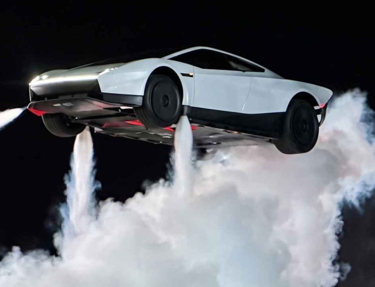 Plano de tres cuartos lateral del nuevo deportivo eléctrico Tesla Roadster blanco levitando a gran altura durante una demostración nocturna, impulsado por tres potentes y densos chorros de gas de sus cohetes de SpaceX que generan una enorme nube de humo blanco en el suelo, con el horizonte oscuro de fondo.